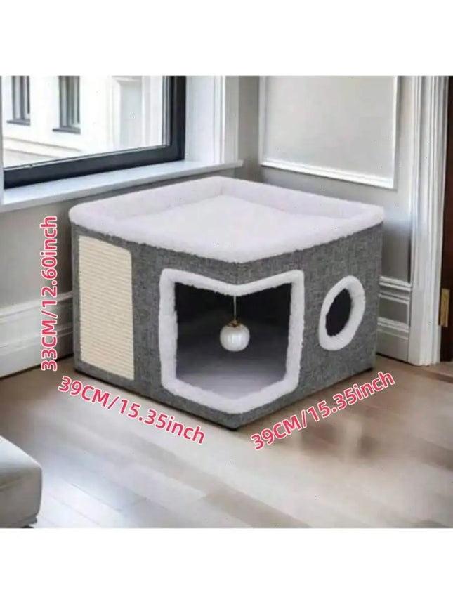 4-Season Multi-Level Cat House: Foldable Indoor Play Cube with 2-Layer Bed, Toy Tunnel, Scratching Board, Climbing Rope, Soft Cushions, and Non-Slip Base - Perfect Cat Cave & Warm Bed for Small to Large Cats (Grey)