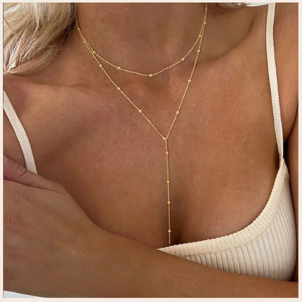 Gold Plated Stainless Steel Lariat Necklace, Dainty Long Layered Necklace for Women Girls, Y-Shaped Drop Pendant