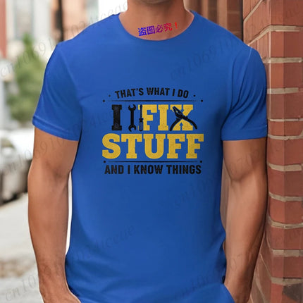 'I Fix Stuff and I Know Things' T-Shirt Men Funny Vintage Handyman Graphic Tee Short Sleeve Casual Tops Gift for Repairman