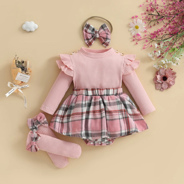 Pudcoco Baby Girl Fall Outfits Long Sleeve Plaid Print Skirt Bodysuit with Headband Socks Set Infant Clothes 0-18M