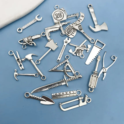Mix 20pcs Antique Silvery Tool Charms Pendants For Jewelry Making Saw Wrench Axe Findings Crafting Accessory For DIY