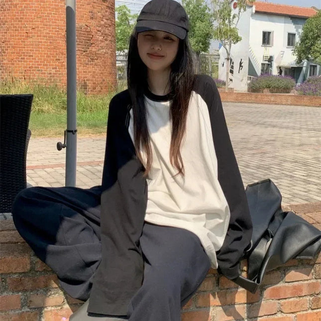Casual Oversized T-Shirt Y2K Tops Harajuku Long Sleeve O-Neck T-Shirts Spring Autumn Black White Patchwork Tees Women Streetwear