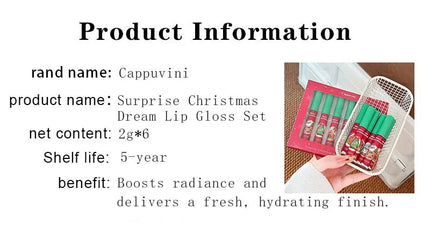 Cappuvini 6-Pack Lip Gloss Set Christmas Gift Water Light Long-Lasting Easy Apply Lip Glaze Lipstick Collection