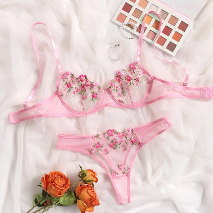 Bra Brief Set Woman 2 PCS Lingerie Sexy Floral Embroidery Underwear Mesh Intimate Transparent Lace Short Skin Care Bralette Kits