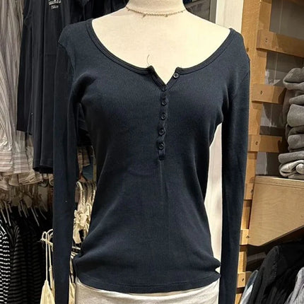 Six Buttons Ribbed Long Sleeve T-shirts Women Spring Round Neck Cotton Slim Tee Top Female Sweet Cute Pink Tshirt Y2k Tops New