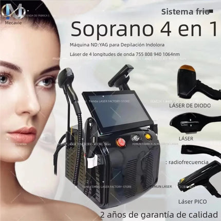 2026 4 In 1 Soprano Titanium Ice Laser Hair Removal Latest FAC Technology 755/808/940/1064nm 4 Waves ND:YAG+RF+IPL Painless
