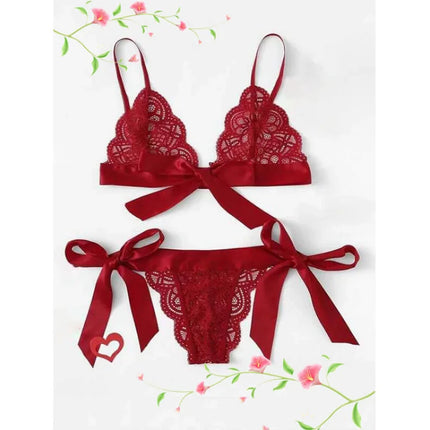 Sexy Lace Split-cut Lace Bikini Fashion Strapping Three-point Bowknot Bralette Lingerie Underwear Women Set See Through Bra