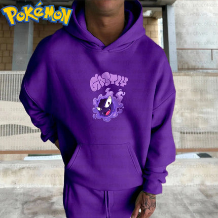 Pokemon Anime Gengar Cotton Hoodie Purple Character Print with Multiple Ghost Type Creatures Pattern Casual Streetwear