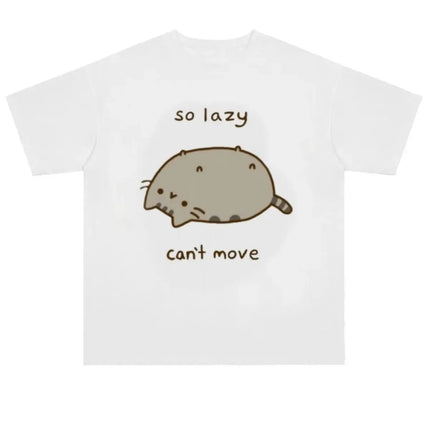 Japanese Polka Dot Cute Lazy Cat Print Loose T-shirt Aesthetics Kawaii Cartoon Tops Women's Sweet Harajuku Grunge Tees Y2k Tops