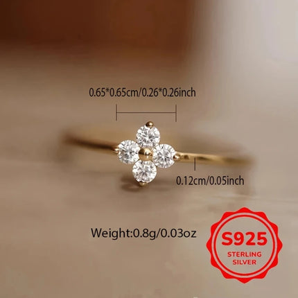 925 Thai Silver Inlaid Four Leaves Clover Zirconia Flower Ring for Women Simple Elegant Good Luck Anniversaries Jewelry Gift