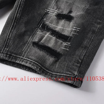 Latest Style Men's Grey Vintage Washed Denim Shorts Distressed Ripped Stitch Detail Slim Fit Casual Shorts Streetwear Bottoms