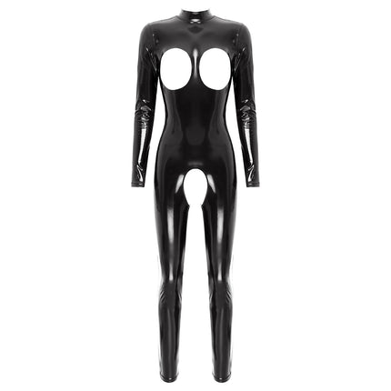 Womens Lingerie Patent Leather Latex Jumpsuit Zipper Crotchless Open Chest Catsuit Costume Wet Look Bare Breast Exposed Bodysuit
