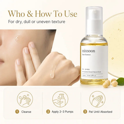 Korean Skin Care Mixsoon Bean Essence Hyaluronic Acid Exfoliating Facial Serum Hydrating, Moisturizing and Antioxidant Essence