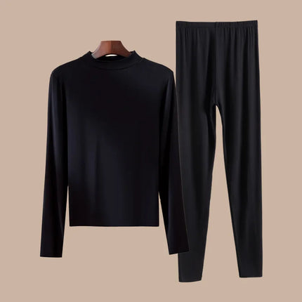 Women's Autumn Winter Thin Warm Set Long-Sleeved T-Shirt + Long Pants Plus Size Semi-Turtleneck Fitted Warm Underwear Sets