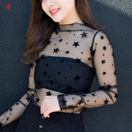 Women's Lace Bottomed Blouse T-shirt Spring And Autumn Long Sleeve Mesh Crop Top Foreign Style Sexy Hollow Mesh Top High Neck 2024