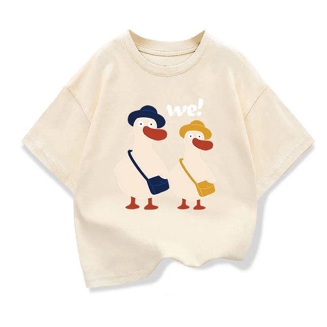 Two Ducks Original Design Summer Children Clothing Kids Short Sleeve T-shirts Boys Girls Casual Loose Tee Pure Cotton Tops