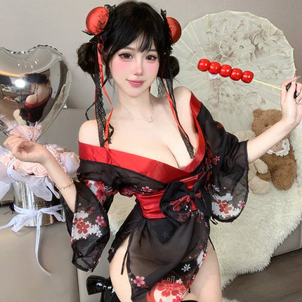 Japanese Kimono Style Pajamas Black Sheer Mesh Robe with Belt Cosplay Costume Nighty Female Night Club Wear Women Girls