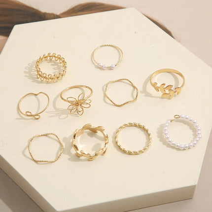 10Pcs Imitation Pearl Leaf Flower Rings Set For Women Rhinestone Butterfly Finger Ring Metal Knuckle Finger Ring Jewelry
