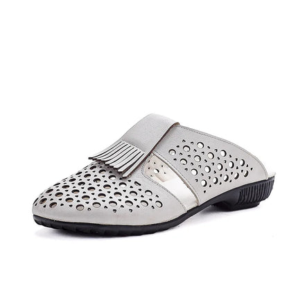 New Women's Breathable Perforated Leather Mules Vintage Tassel Slip on Flats Woman Casual Summer Shoes Hollow Slippers Outdoor