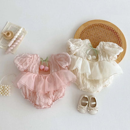 Children's Summer New Bubble Sleeve Short Sleeved Jumpsuit, Baby Children's Sweet Tulip Backless Lace Clothing