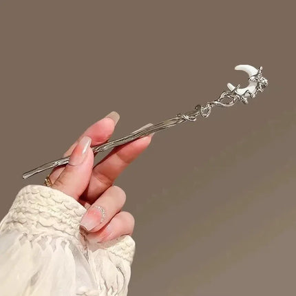 Romantic Moonstone Star Moon Hair Stick Metal Branch Hairpin Fork Chinese Style Hair Accessories for Girls Jewelry