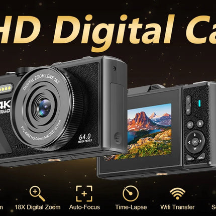 4K Digital Camera for Photography 64MP WiFi Video Camera for YouTube 18X Digital Zoom Auto-focus Vlog Cameras with Flip Screen