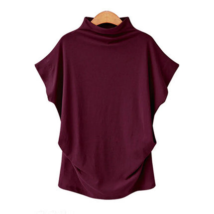 Women's New Trendy Fashion Solid Color Soft Turtleneck Top High-End Basic Daily Commute Thin Short-Sleeve Pleated Clothing