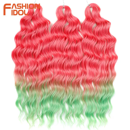 FASHION IDOL 24" 3pcs Deep Wave Curl Hair Synthetic Water Wave Braiding Hair Extensions Ombre Rainbow color Twist Crochet Hair
