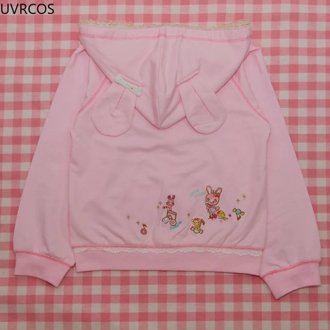 Pink Japanese Y2k Cute Hoodies Coat Women Autumn Kawaii Long Sleeves Cartoon Pattern Ear Anime Hoodie E-girls Sweet Sweatshirt