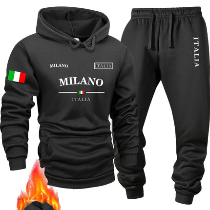 Italy pattern Men's Hoodie and Bundled pants set fleece Autumn winter two-piece set top bottom sets windproof Warm Cotton suit