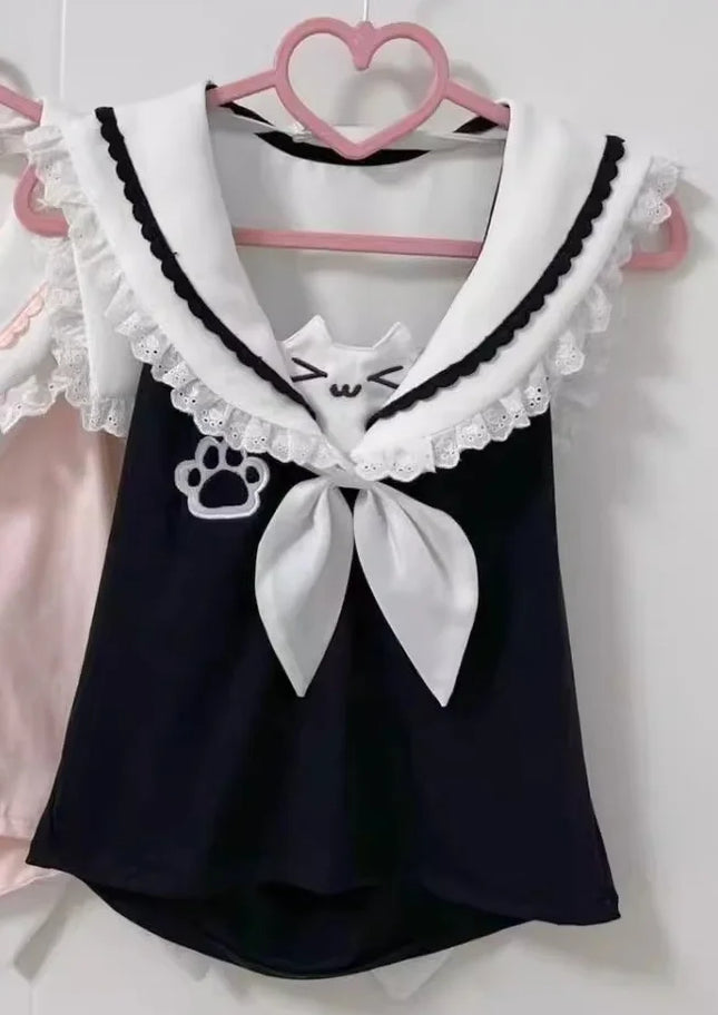 Y2k women clothing stitch arcane Cute Vest Subulture Lace clothes Cartoon Short Sleeve T-shirt Summer Kawaii Sweet Girls Tanks