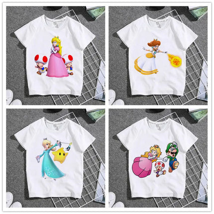 The New 2026 Super Mario Mary Cartoon Parent-child Outfit Male and Female Students Summer White T-shirt with Short Sleeves