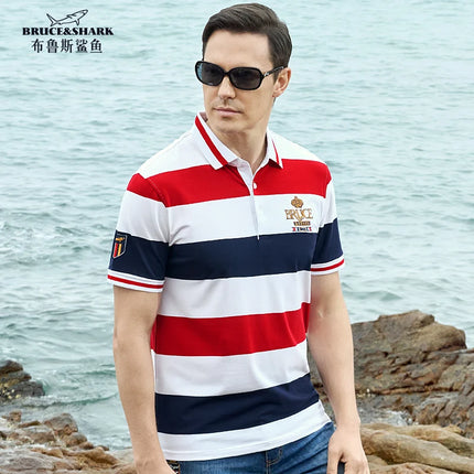 New Straight Men's Striped Polos Short Sleeved Bruce&Shark Summer Fashion Embroidery T-shirt Breathable Men Casual Tee Big Size