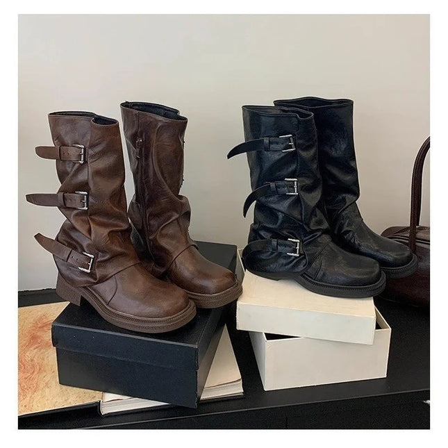 Autumn Winter Vintage Woman Knight Knee High Boots Shoes Ladies Elegant Thick Low Heel Belt Buckle Western Cowboy Botas