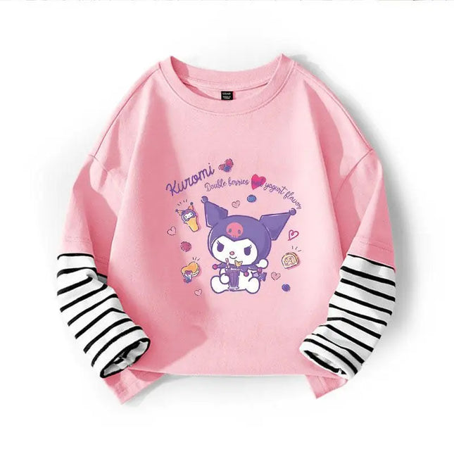 Autumn Baby Girls 100% Cotton Clothes Top Kid Sanrio Cinnamoroll Printed Long Sleeve T-shirts Children Stripe Patchwork Pullover