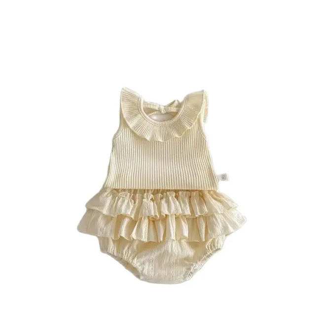 Korea Style Baby Blouses with Skirt 2pcs Sleeveless Ruffle Collar Tops with Shorts Baby Girl Princess Puff Skirt Sets