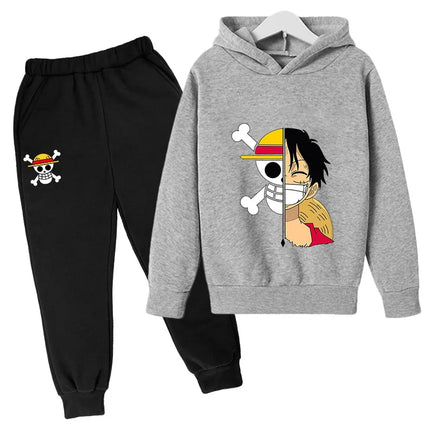 2025 Boys Girls Casual Hooded Japanese Anime One Piece Luffy Zoro Harajuku Hoodie Sweatpants Set with Pockets Sweatshirt Tops