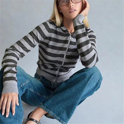 Women Full Zip Up Hoodie Sweatshirt Striped Long Sleeve Zipper Crop Shirt Color Contrast Y2k Hooded Cardigan Jacket