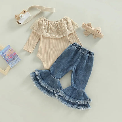 0-24months Baby Girls Pants Suit Long Sleeve Round Neck Lace Romper Tops Denim Bell-Bottoms Headband Clothes Set