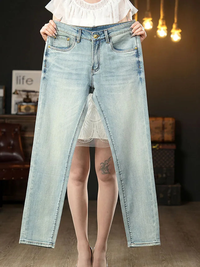 Summer thin 2025 new jeans men's slim fit small foot trendy brand fashionable light luxury elastic denim casual long pants