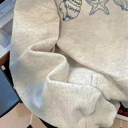 2025 Autumn/Winter Women's Grey Nautical Shell and Starfish Print Hoodie Pullover Shell Logo Soft Casual Wear Fall Clotheswinter