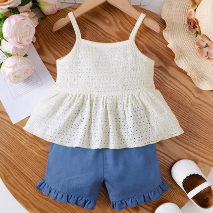 Baby Girl Daily Clothes Outfits Sleeveless Suspender Soft Hollow Top+Shorts 2pcs Summer Clothing Set for Toddlers Girl 0-3 Years