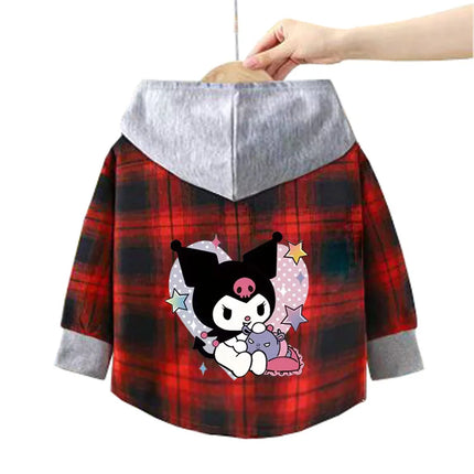 Spring and Autumn Children's Sanrio Cinnamoroll Shirts 1-12 Year Girls Checkered Hooded Blouse Fashion Cartoon Shirt Sweater