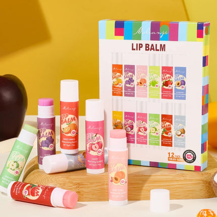 12 piece moisturizing lipstick set, alcohol free, lip care in autumn and winter, suitable for all skin types, fruit lipstick