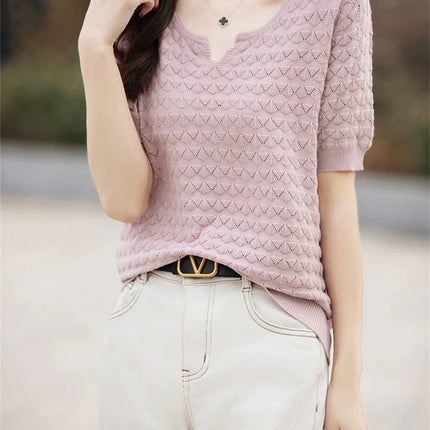 Women's T-shirt Summer New 100% Pure Cotton Tees Casual Solid Knitted Short sleeved V-neck Pullover Loose Tops Fashion Sweater