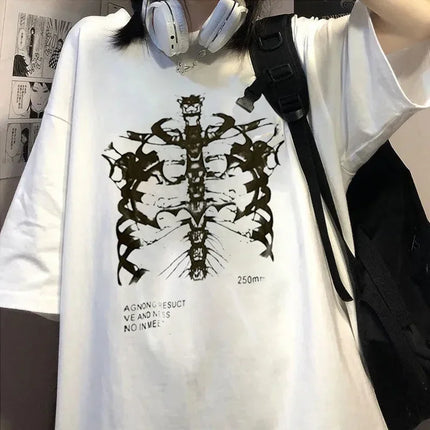 Geometric Pattern Print Harajuku Skeleton Women T-shirts Men Gothic Hip Hop Streetwear Black Goth Clothes Short Sleeve Top Y2k