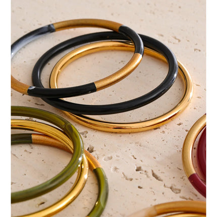 Yhpup 1Set 66mm 3 Round Circle Resin Overlay Minimalist Bracelet Bangle Set 18K Gold Plated Stainless Steel Wrist Trend Jewelry