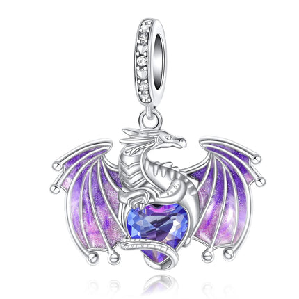 925 Sterling Silver Classic Purple Heart Shape Dragon Pegasus Butterfly Charms Beads Fit 3mm Original Bracelet DIY Jewelry Gift