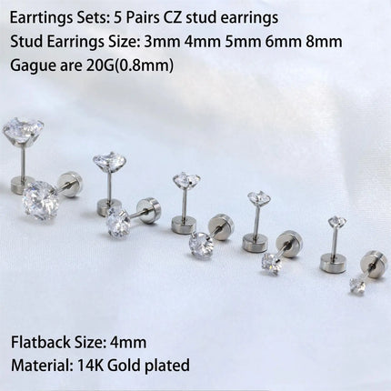 6 Pairs Earrings Sets for Multiple Piercing Small Huggie Hoop Earrings Flat Back Tiny Ball CZ Opal Pearl Stud Earrings for Women