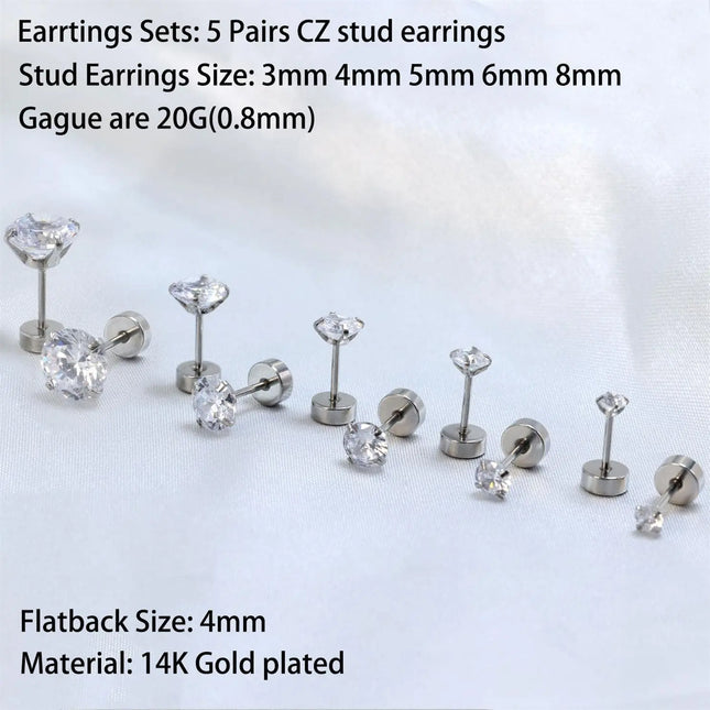 6 Pairs Earrings Sets for Multiple Piercing Small Huggie Hoop Earrings Flat Back Tiny Ball CZ Opal Pearl Stud Earrings for Women